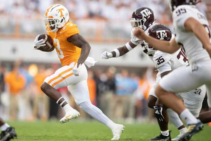 Tennessee defensive back Dee Williams (3) runs the ball during a football game between Tennessee and Texas A&M at Neyland Stadium in Knoxville, Tenn., on Saturday, Oct. 14, 2023.